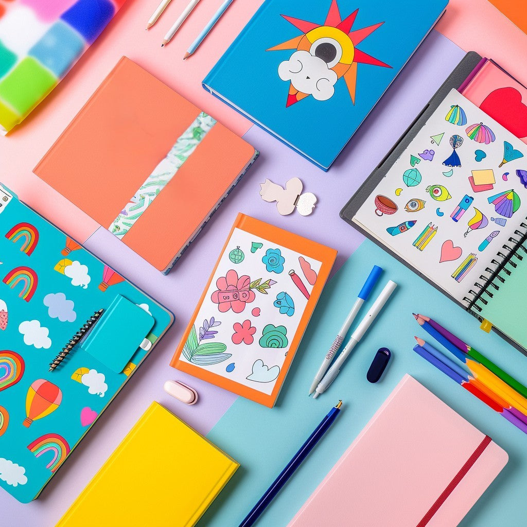 Flat lay of colorful notebooks, pens, pencils, and stickers on a pastel background, representing digital printables, creative stationery, and design templates.