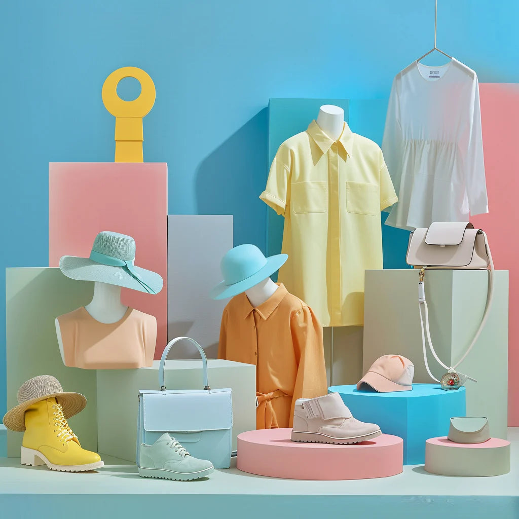 Colorful fashion display featuring pastel clothing, hats, handbags, and shoes arranged on geometric blocks with a blue and peach background, modern boutique aesthetic.